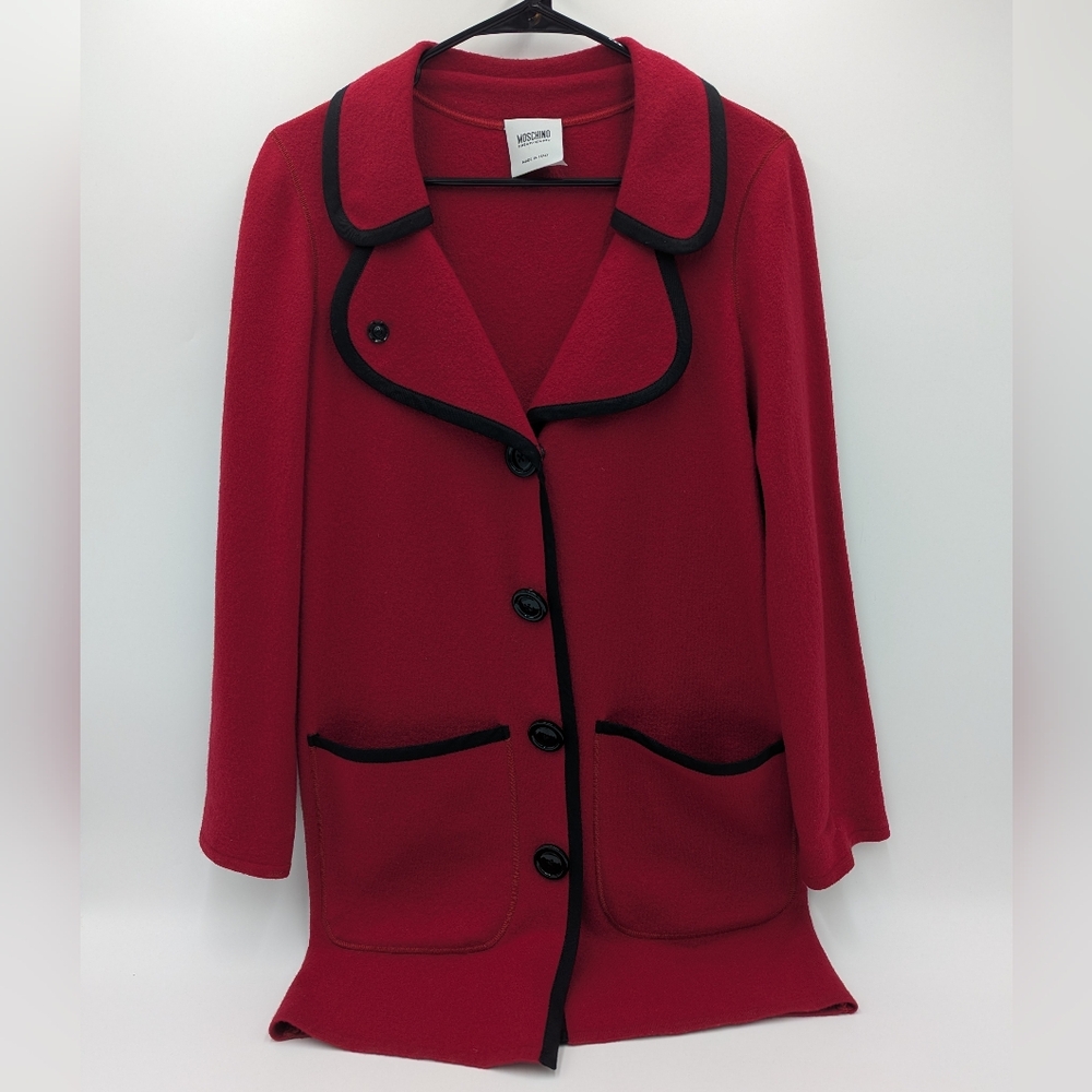 Vintage Moschino Cheap & Chic Red Virgin Wool Contrast Coat Rare Italy 90s L
